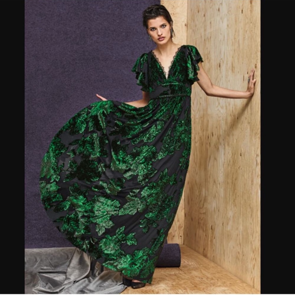 Marchesa Notte V-neck Velvet Burnout Lace Metallic Max Gown size: 10